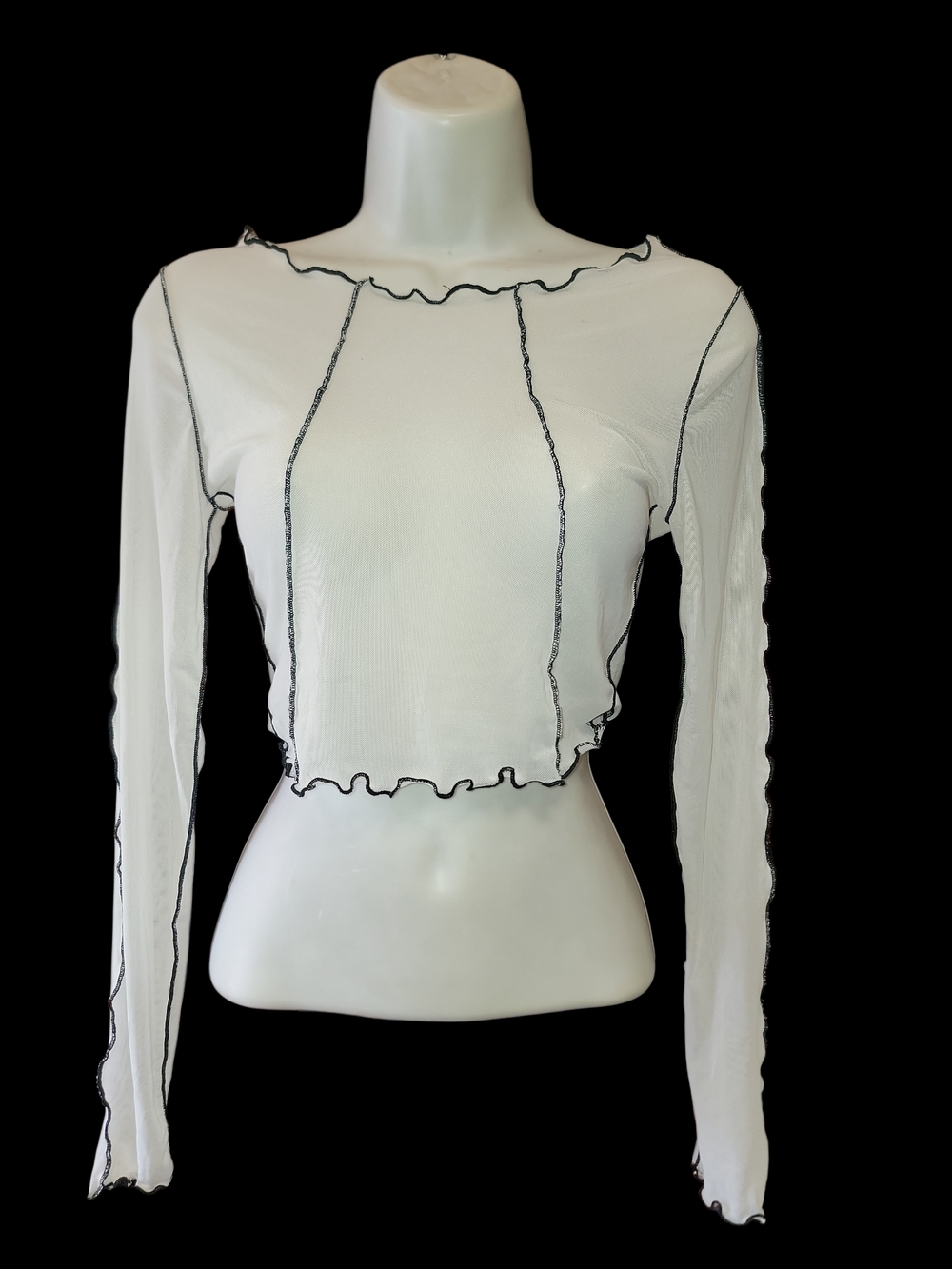 Le Lis White Long-Sleeve Lettuce-Edge Crop Top with Black Contrast Stitching